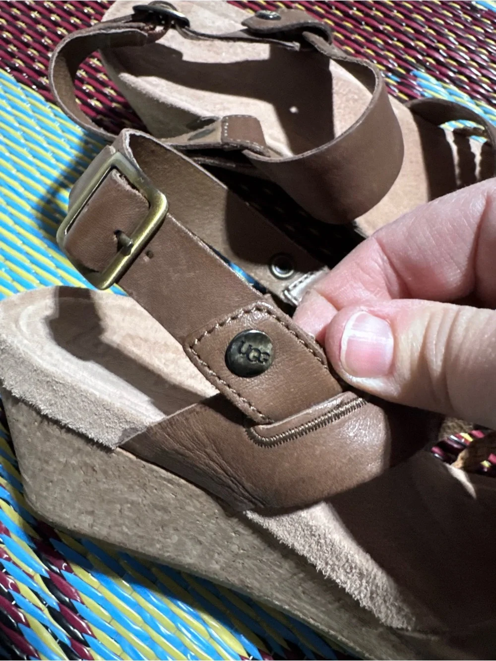 Ugg brown and gold leather open toe wedge sandal Size 6.5